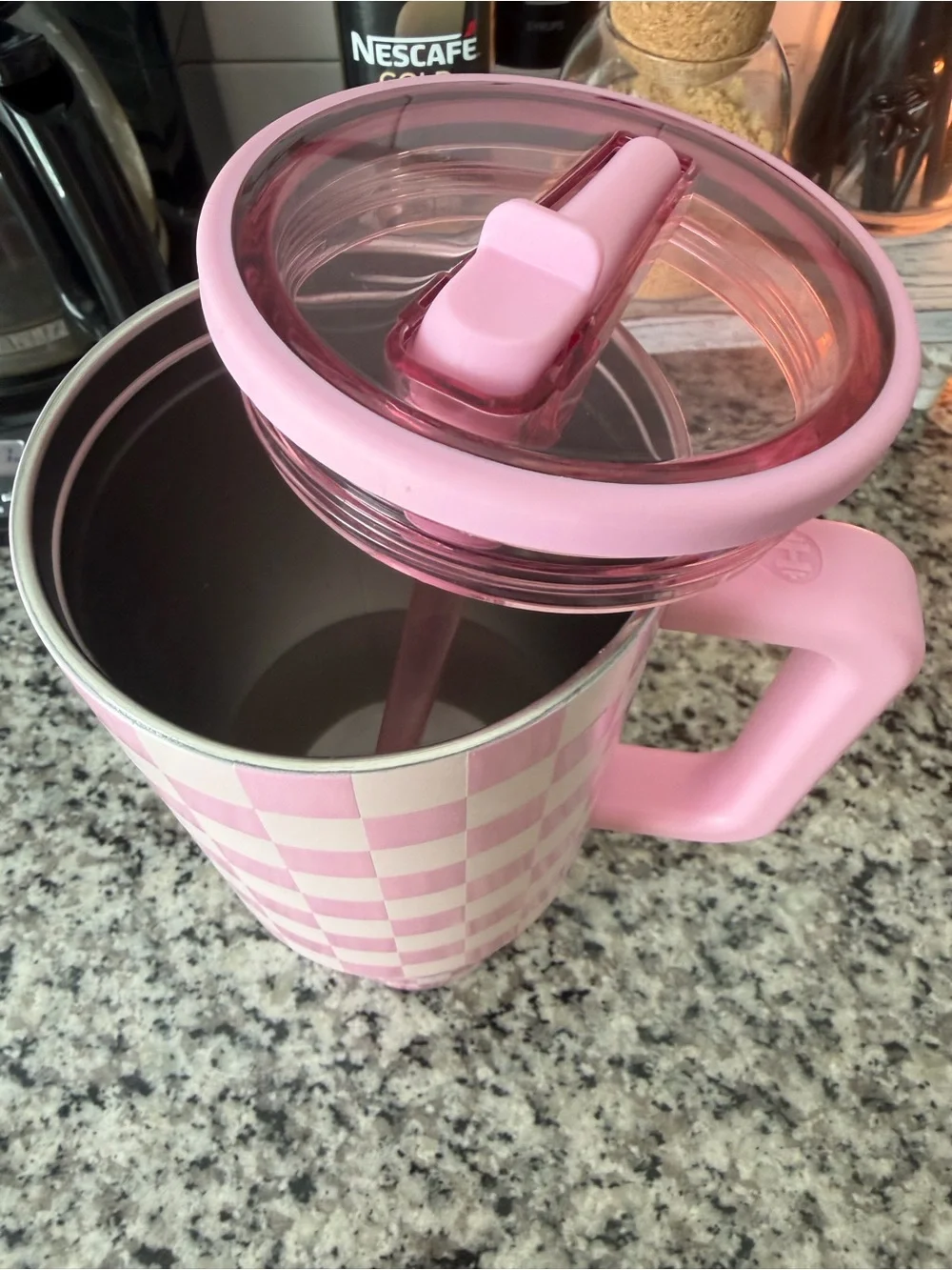 HydroJug Pink & White Checkered Insulated Travel Mug with Handle